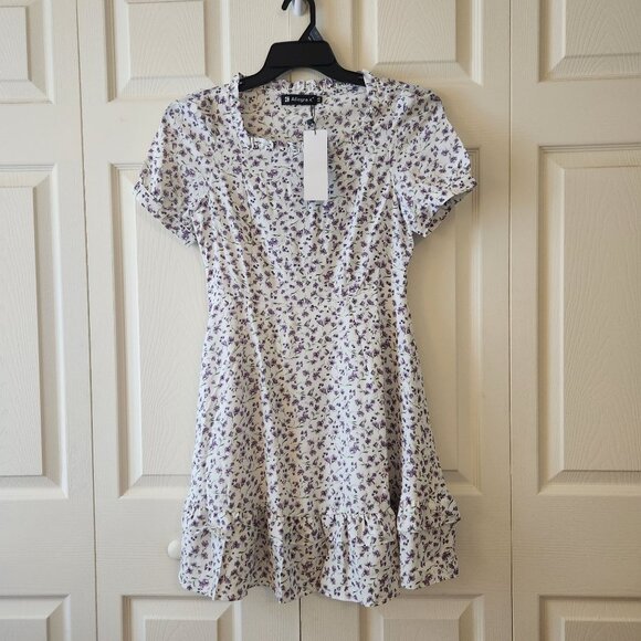 Allegra K Womens Floral Dress Short Sleeve Ruffle Hem Purple Flowers XS NWT - Picture 1 of 16